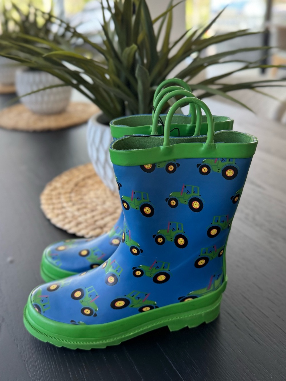 New - Kids Blue Tractor Rain Boots with Green Trim